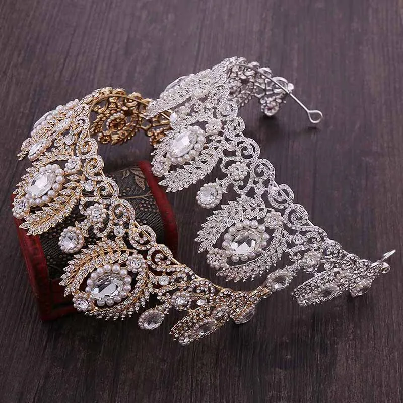 

FORSEVEN Baroque Wedding Crown Bridal Hair Accessories Vintage Large Glitter Crystal Rhinestone Tiara Leaves Crown Jewelry JL