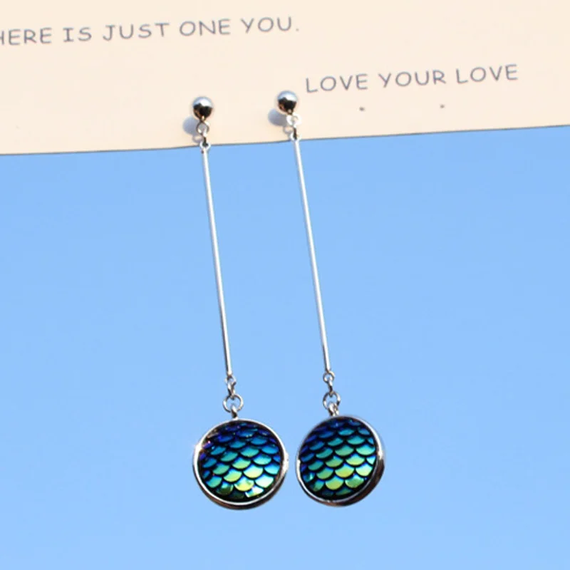 

Creative Colorful Gradient Mermaid Fish Scales Geometric Round Long S925 Silver Drop Earrings for Women Girls Jewelry Wholesale