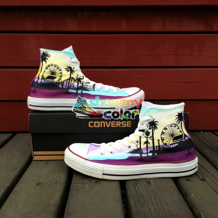 Prix pour Converse All Star Hommes Femmes Chaussures USA Californie Los Angeles Santa Monica Skyline Design Original Peint À La Main Sneakers Cadeaux Prix pour Converse All Star Hommes Femmes Chaussures USA Californie Los Angeles Santa Monica Skyline Design Original Peint À La Main Sneakers Cadeaux