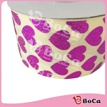 

Shipping free 3 '' 75mm wholesale heart design holographic ribbon with cutom accept ,100yard