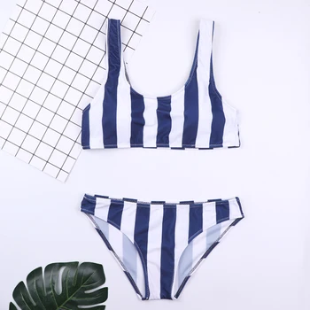 

TRYNNA Biquini 2018 Blue Vertical Stripe Printing Bikini Swimwear Women Vest Two Piece Foundation Swimsuit