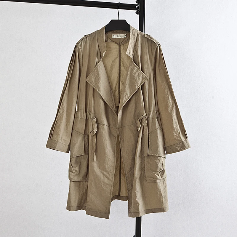 Женский Длинный Тренч с поясом зеленый розовый хаки отложным воротником 2019|Плащи