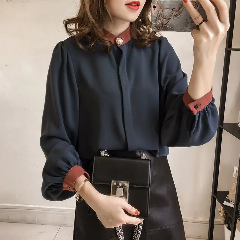 Корейские весенние разнотканные Топы Для женщин Мода Фонари рукав рубашки со стоячим воротником Шифоновая блузка 2019 Офисные женские туфли