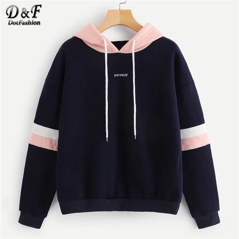 Dotfashion البحرية Colorblock مخطط الرباط هوديي ملابس حريمي 2019 الخريف عارضة طويلة كم إمرأة البلوز بلوفرات