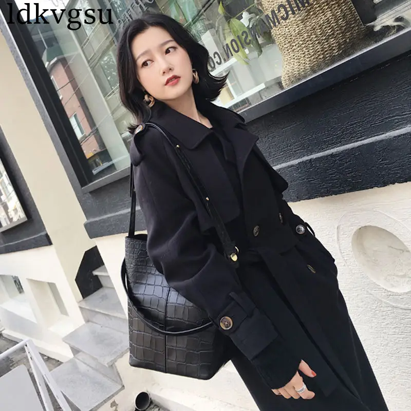 

2019 New Black Windbreaker Female Spring Autumn Long section Double-breasted Tie Chic Trench Coats for Women Outerwear V241