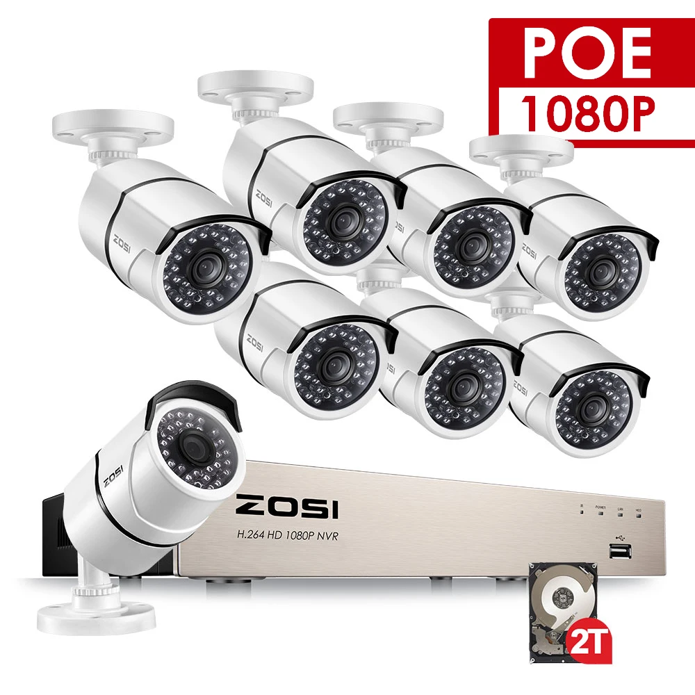 ZOSI POE IP видео Камера 8-канальный CCTV Системы 1080P Bullet Камера 2MP наблюдения комплект приборов безопасности DVR ночного видения для жесткого диска