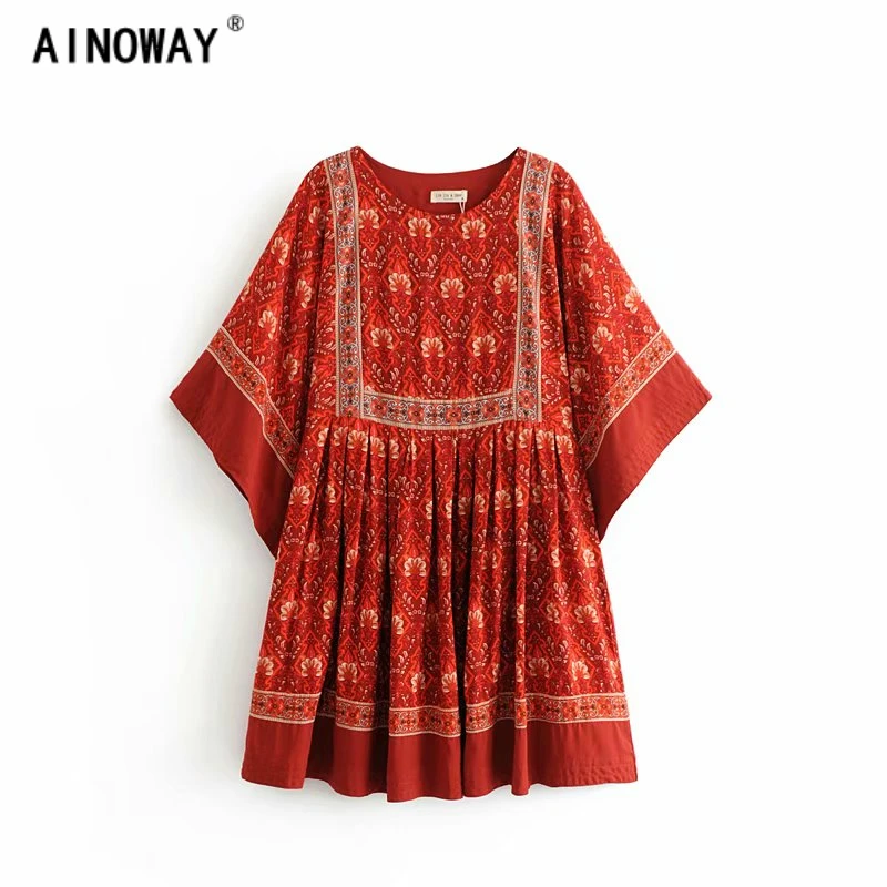 

Vintage Chic women red floral print o-neck loose Bohemian mini dress women batwing sleeve Boho dresses vestidos