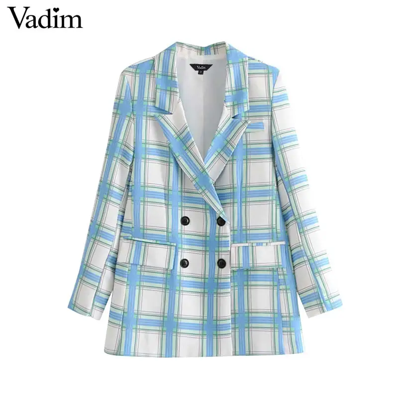 

Vadim women chic plaid blazer long sleeve pockets double breasted coat vintage female casual outerwear office wear tops CA346