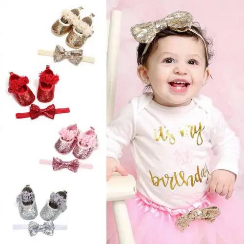 Милые туфли принцессы с цветочным принтом и бантом для новорожденных девочек; Нескользящие Детские кроссовки с мягкой подошвой и бантом; повязка на голову