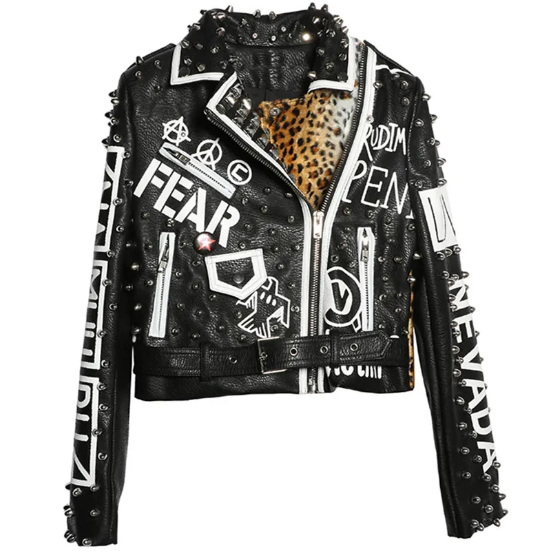 

Leather Jacket Long Sleeve Motorcycle Coat Rivet Leopard Spliced Cool Motorcycle Jacket Short Punk Rock PU Coat Female