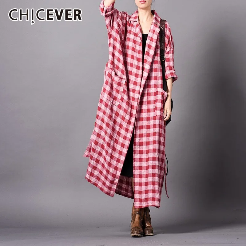 

CHICEVER Autumn Trench Coat For Women Loose Open Stitch Windbreaker Plaid Back Lace Up Big Size Coats Female Clothes Fashion New
