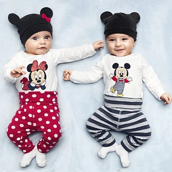 

Baby Rompers Long Sleeve Cotton Baby Girl Clothes Cartoon Animal Mickey Minnie Baby Boy Romper+Hat+Pant Newborn Clothing Sets