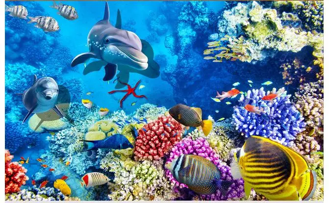 Custom Photo Waterproof Floor Wallpaper Fish Dolphin Coral 3d Mural Pvc Wallpaper Self Adhesion