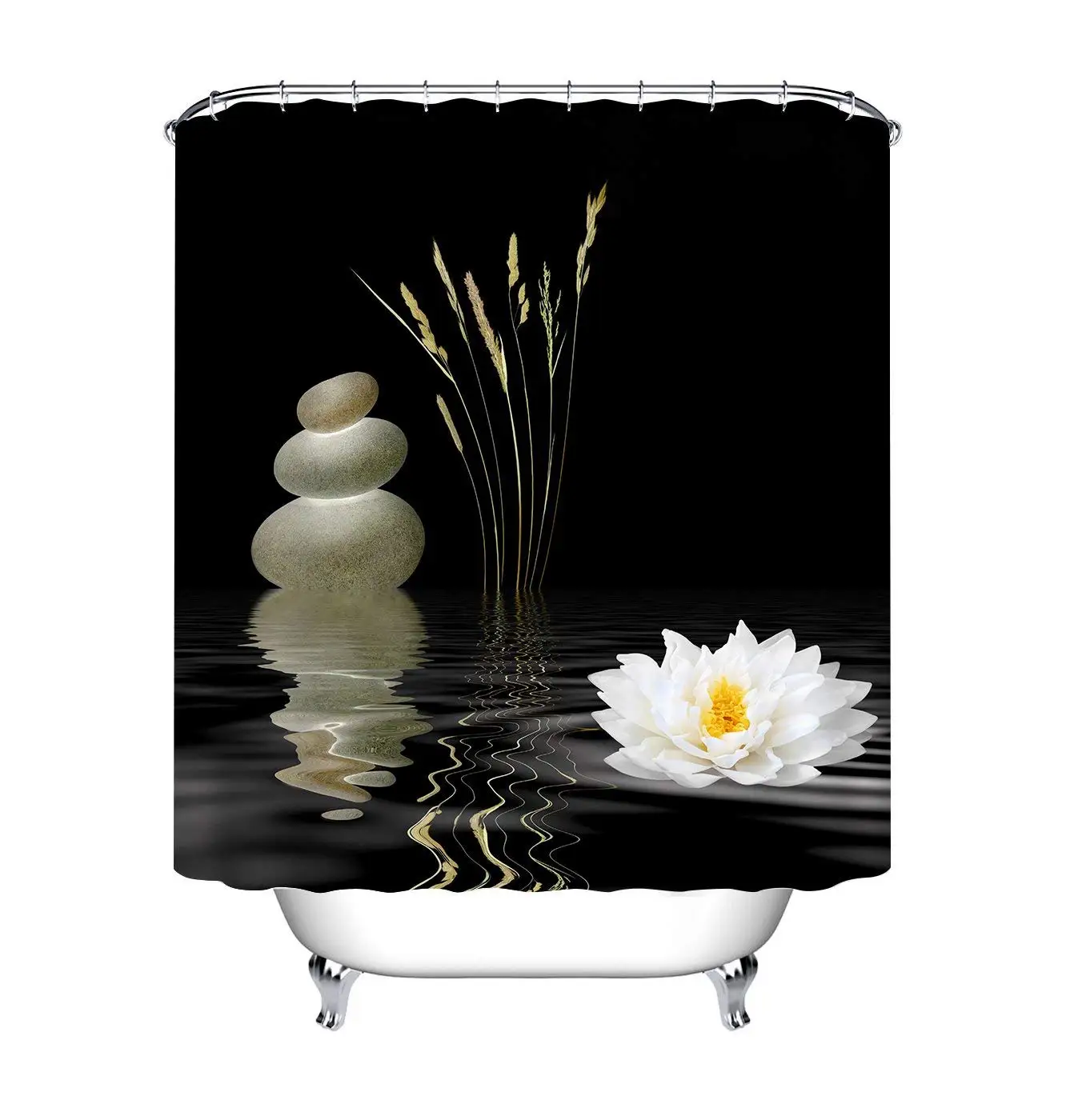 Zen Stone Shower Curtain Hot Stones with Asian Lotus Flower Water