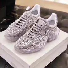 Pré-venda de 15 dias Casuais Sapato Que Bling Mulheres zapato de mujer Cristal Branco Plataforma Sneaker chaussures femme Strass Real couro