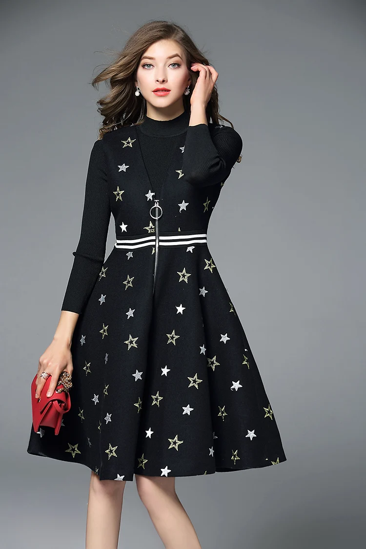 Брендовое платье из двух частей, весна, женское платье с вышивкой в виде звезд, v-образный вырез, карман, шерстяное платье+ черный джемпер, вязаный свитер