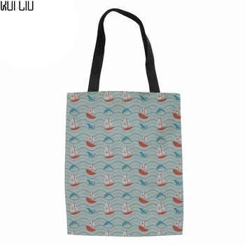 

Shopping Bags Women Fashion Canvas Tote Ladies Dolphin Printed Eco Bags for Recycle Females Shoulder Bag Beach Pouch