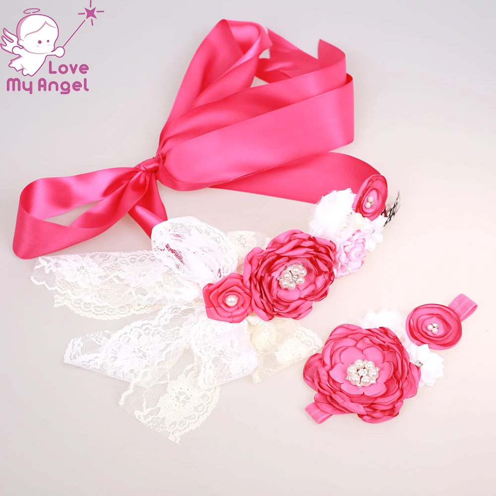 Baby girl flower sash and headband set lace satin floral sash belt Mom
