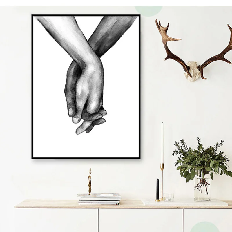 

Nordic Frameless Black And White Canvas Lover For Living Room Decorative Painting Holding Hands Wall Art Poster 1PC