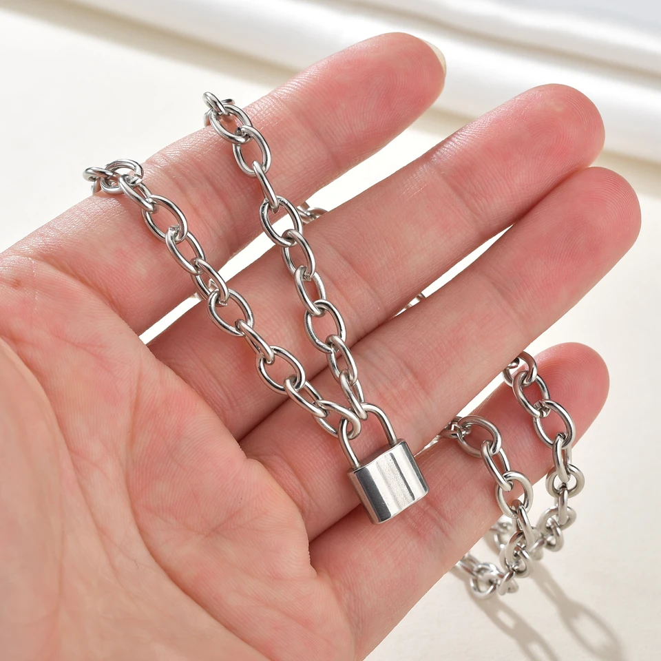 

Stainless Steel Lock Square Geometric Women's Necklace 2019 New Gold Color Padlock Pendant Necklace For Men Drop Shipping