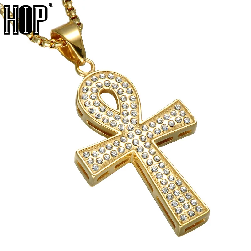 

HIP Hop Micro Pave Full Rhinestone Gold Color Stainless Steel Egyptian Ankh Cross Pendant Necklaces for Men Jewelry
