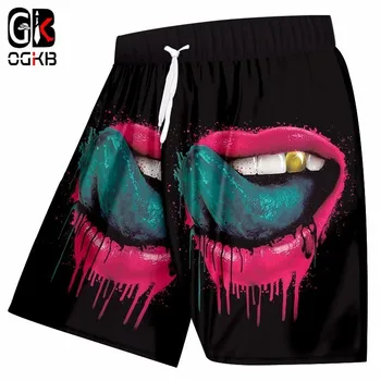 

OGKB New Summer Bottom Boxers Trousers Mens Cool Print Green Tongue 3D Beach Shorts Man Bodybuilding Fitness Casual Board Shorts