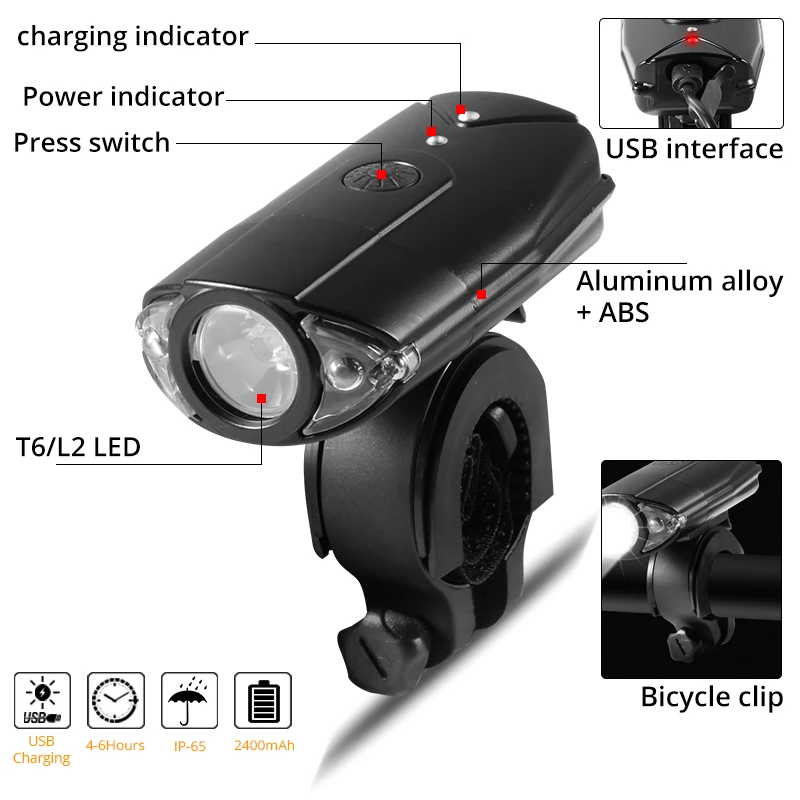 Top 2000mAh Bicycle Light Bike Headlight LED Built-in Ultra Bright USB Rechargeable Flashlight MTB Cycling Lantern with USB Tailight 3