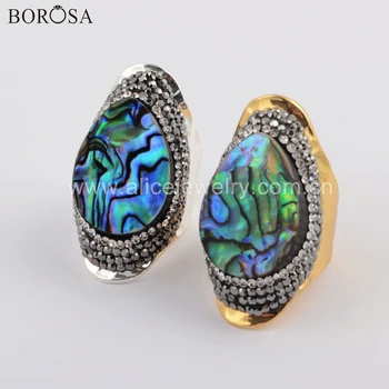 

BOROSA 5PCS 2019 New Natural Abalone Shell Band Rings Teardrop Rainbow Shell Pvaed Rhinestone Big Stone Rings Jewelry JAB960