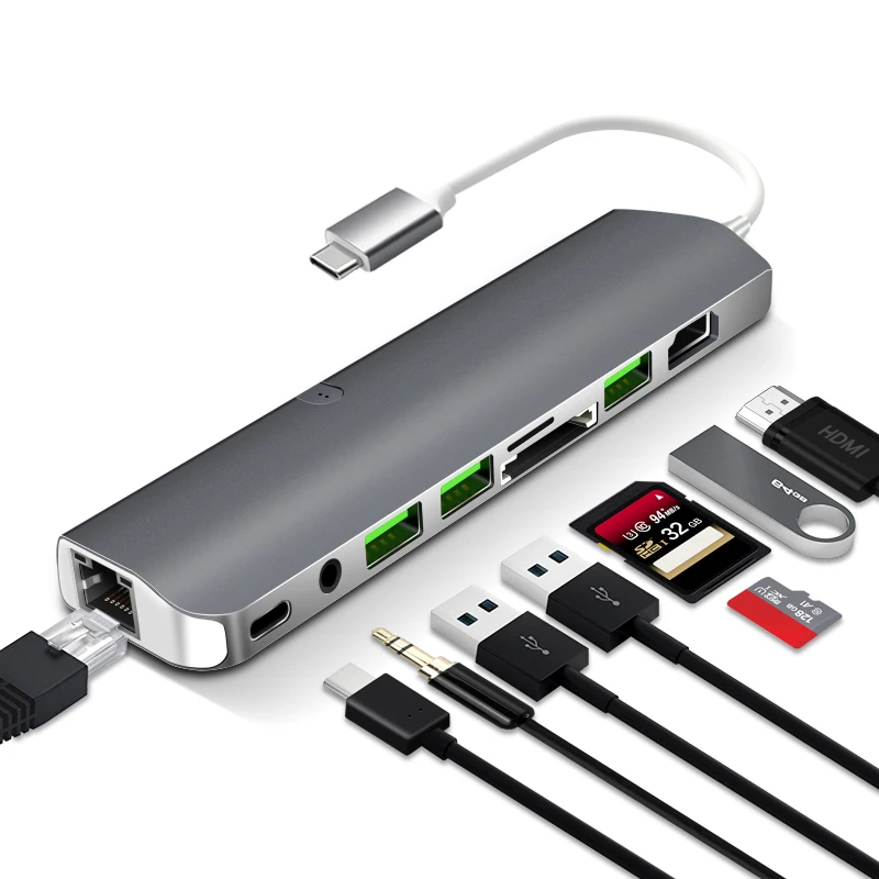 Дешево font b USB b font C концентратор, 9 в 1 многопортовый концентратор, Тип C концентратор с HDMI RJ45 USB3.0 PD SD TF 3.5AUX для ноутбука, больше устройств с интерфейсом type C