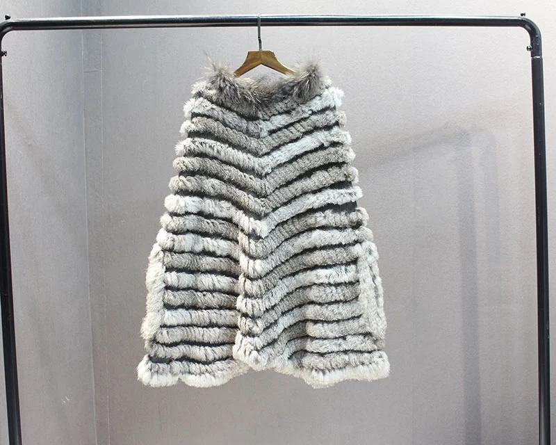 female natural knitted rabbit fur poncho with collar  (3)