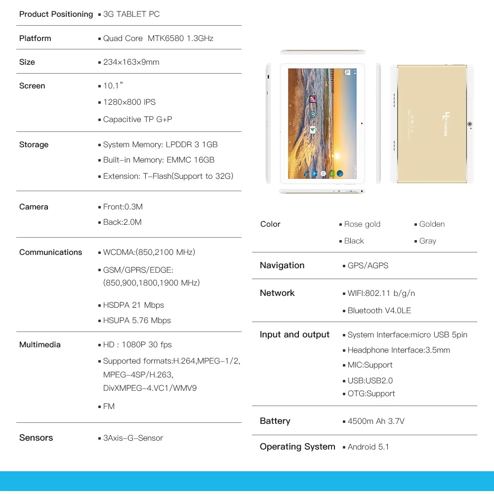 Yuntab 4 вида цветов сплав K17 3 г планшетный ПК Quad-Core Android 5,1 touch screen1280 * 800 разблокирован смартфон с двойная камера 4500 мАч