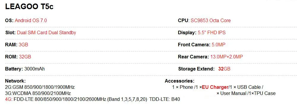 LEAGOO T5c 4G LTE Смартфон Android 7,0 SC9853 Восьмиядерный 5," FHD 3 Гб ram 32 Гб rom 13 МП Двойная Задняя камера отпечаток пальца мобильный телефон