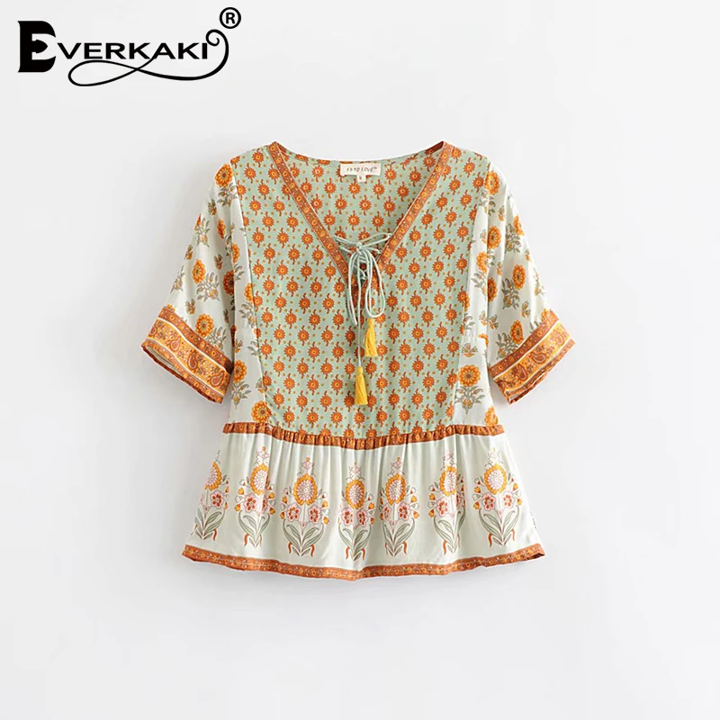 Everkaki Boho блузка с бахромой, женские рубашки с поясом, v-образный вырез, короткий рукав, богемный Топ, женские блузки, лето-осень