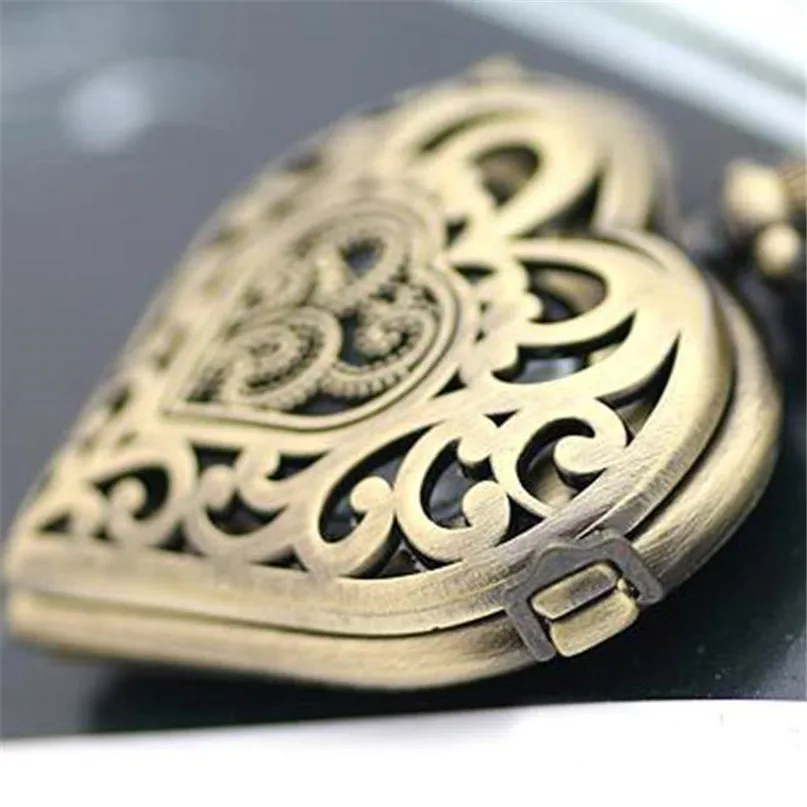 Women Hollow Heart Shaped Pocket Watch Necklace Pendant Chain Gift Lady Fob Watch Clock Relogio De 4