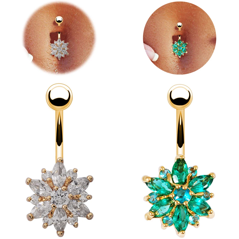

Navel Belly Piercing Ombligo Nombril Button Rings Percing Piercings Ring Pircing De Umbigo Ombelico Gold Alloy Crystal Flower