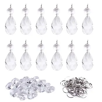 

12Pcs38mm Clear Crystal Teardrop Chandelier Prisms Parts Hanging Pendants Beads +50x Metal Split Ring + 50x 14mm Octagonal Beads