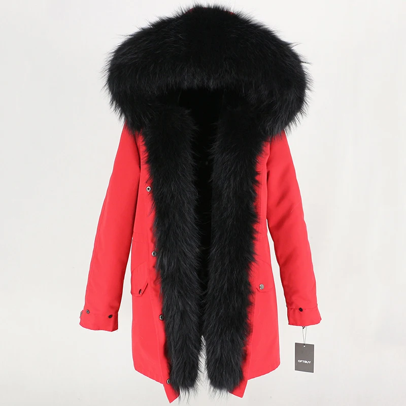 red black Женская парка с мехом енота OFTBUY, черное водонепроницаемое пальто на меху, с большим капюшоном с отделкой из натурального меха енота, верхняя одежда со съемным мехом, зима - Цвет: red black