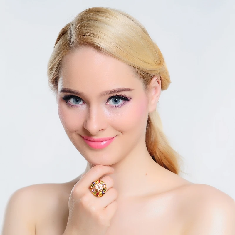 Beagloer Beautiful Nice Flower Ring Gold Color Girl Rings Made With Colourful Elements Austrian Crystals 23*25mm Ri-HQ0295