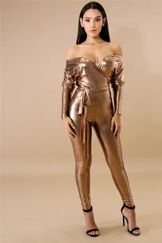 

2018 Autumn Long-sleeved Women Jumpsuits Sexy Deep V Neck PU Bodysuit Solid Gold PU Fashion Playsuits Clubwear Bodycon Rompers