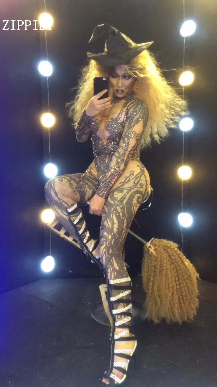 Sexy Black Nude Rhinestone Jumpsuit Sexy Nightclub Bar Wear Stones Bodysuit Leggings Prom Celebrate Outfit Performance Dress