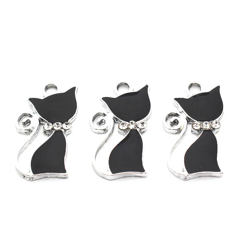Hot Selling 20pcs/lot Black Cat Alloy Dangle Charms Lobster Clasp