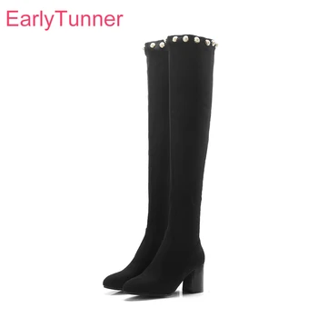 

Brand New Winter Sexy Black Gray Women Thigh High Slouch Boots Fashion Chunky Heels Lady Shoes EP722 Plus Big Size 10 43 48