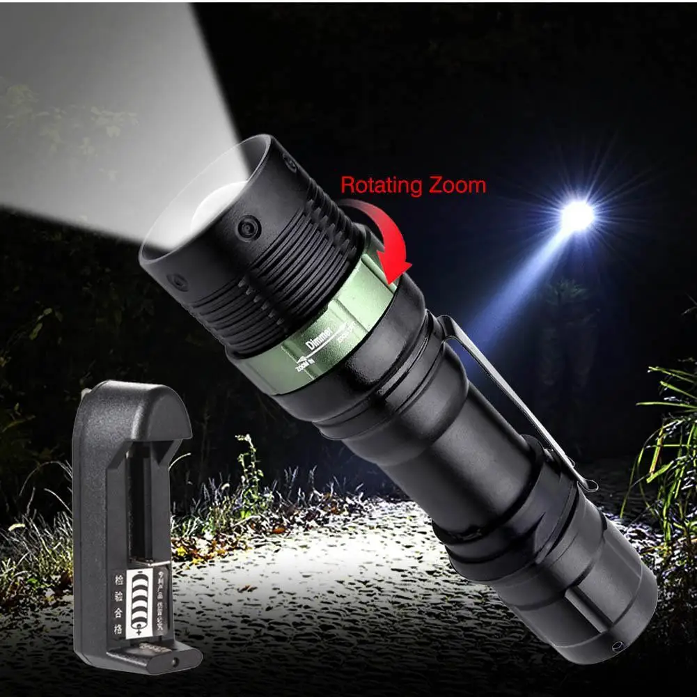 

Waterproof Zoom T6 LED Flashlight 3 Modes Torch With Wrist Strap + 3.7v Universal Li-ion Battery Charger US Plug EH