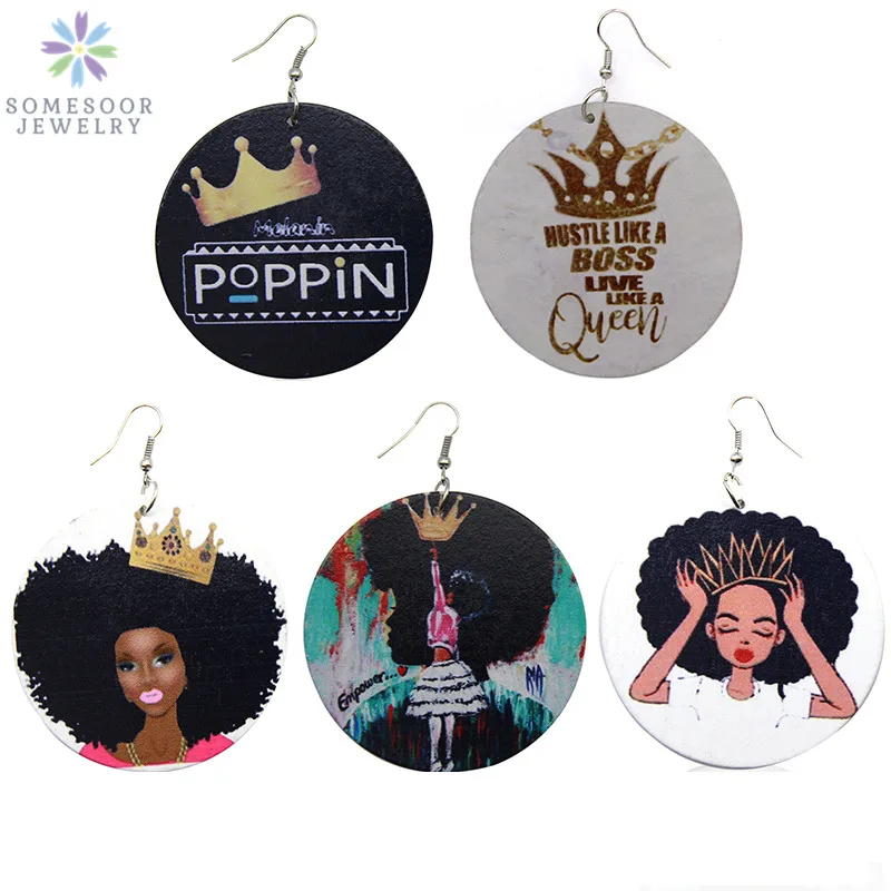 

SOMESOOR Wholesale Printed Stronger Black Woman Wood Drop Earrings Afro Queen Crown Poppin African Dangle Jewelry For Lady Girl