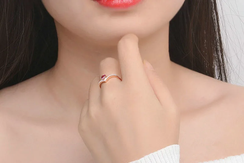 Простые волнистые кольца розового, золотистого цвета, микро ПАВЕ, Красный CZ камень, сердце, v-образная форма, кольцо на кончик пальца, модные ювелирные изделия для женщин, свадебные ювелирные изделия