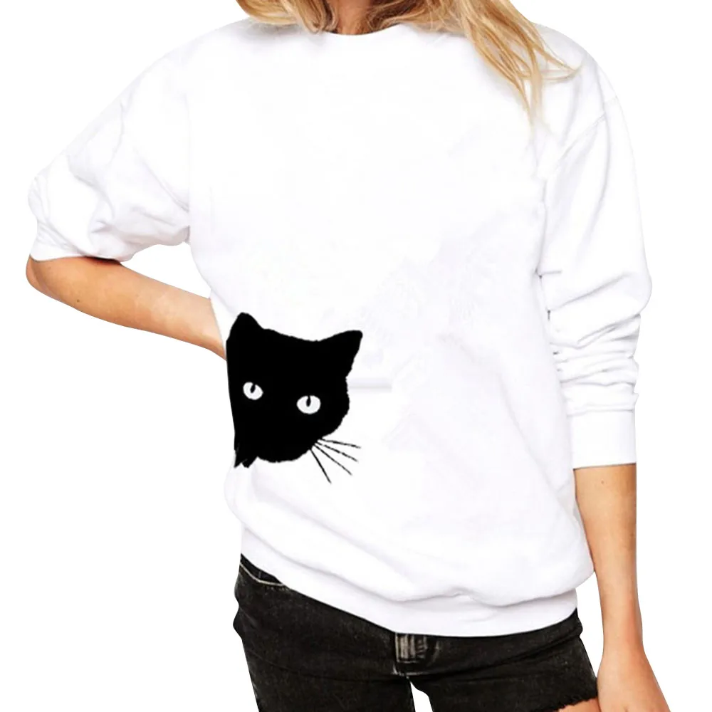 

2019 NEW Pullover Sweatshirt Women Cat Print Sweatshirt Autumn Winter Long Sleeve Sweatshirt Pullover Warm Blouse Tunic Top