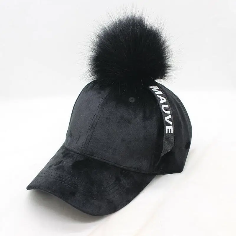 

HANGYUNXUANHAO New Brand Baseball Caps 2019 Winter Cap For Women Faux Fur Pompom Ball Cap Adjustable Casual Snapback Hat Cap