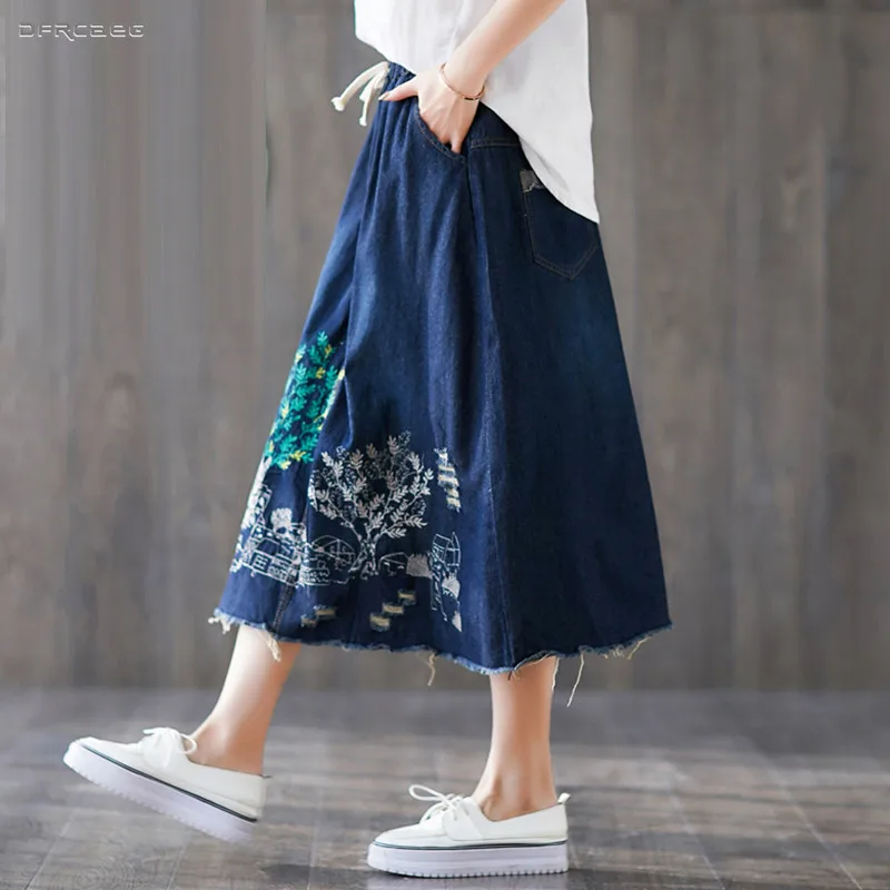 

Retro Froal Embroidery Denim Long Skirts 2019 Summer Stretch Waist Ladies Loose Casual Streetwear Vintage Skirt Jeans Femme