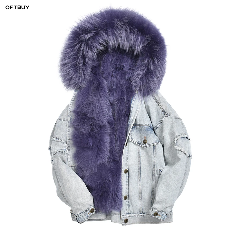 

OFTBUY 2019 winter jacket women parka real fur coat natural fox fur collar loose bomber denim jacket vintage fashion streetwear