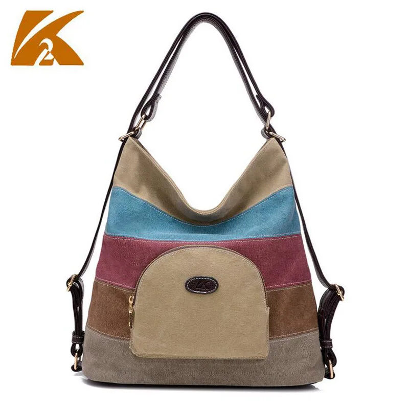 

KVKY PATCHWORK CANVAS SHOULDER BAG - Women's Fashion Striped Multifunctional Crossbody Bag Vintage Travel Rainbow Handbag B113